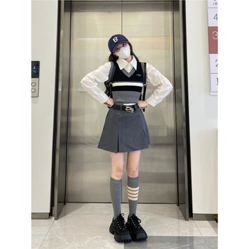 學院風套裝女春秋2023新款韓系顯瘦小個子短款針織馬甲襯衫兩件套