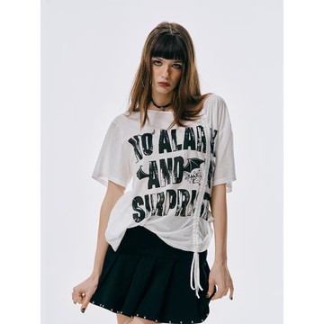 GOST抽繩字母印花T恤辣妹斜肩短袖夏季寬松慵懶風小眾露肩上衣