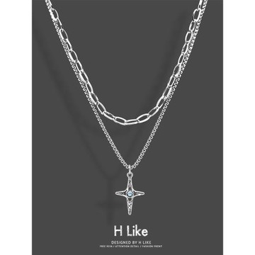 石紋十字星項鏈吊墜飾品鈦鋼個性蛇骨短款雙層疊加鏈男女氣質潮酷