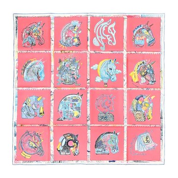 Hermes 愛馬仕 Chevaloscope 90 趣味駿馬真絲方巾(玫瑰/藍)