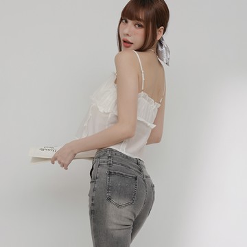 法式荷葉邊細肩背心-白【KT224612】