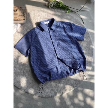 miu系夏季百搭BOXY版型短寬cleanfit皇家藍色格紋抽繩短袖襯衫男
