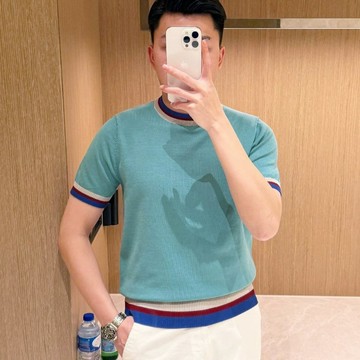 美式復古線拼色圓領短袖男 韓版內搭寬鬆休閒毛衣上衣男