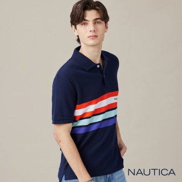 Nautica  男裝  跳色條紋短袖POLO衫-藍色
