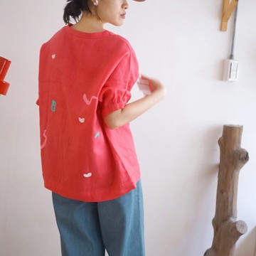 Yinke新品 超漂亮好氣色桃紅亞麻五分袖手工製作寬寬上衣