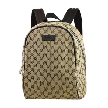 GUCCI 449906 經典雙G緹花皮飾邊厚棉後背包.駝咖