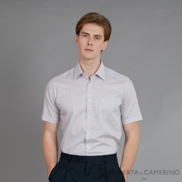 ROBERTA諾貝達 台灣製 進口素材 腰身嚴選 修身條紋短袖襯衫 灰色