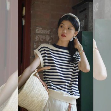 藍白海軍條紋T恤海魂衫法式復古小眾薄款冰絲針織短袖上衣女秋冬