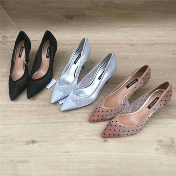 2021早春新款小清新蕾絲網紗高跟鞋細跟淺口女鞋波點貓跟單鞋女