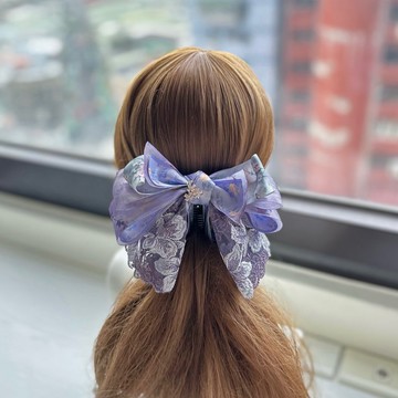 印花紗蕾絲蝴蝶結相交夾香蕉夾仙女夾髮夾-紫灰色