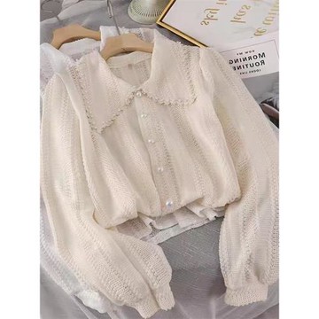 清倉撿漏~專柜撤回大牌外貿春秋娃娃領雪紡襯衫女洋氣蕾絲上衣潮