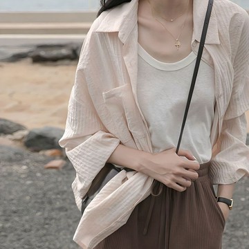 復古 港味 棉麻襯衫女 春夏薄款 法式慵懶寬鬆 設計感 小眾上衣 防曬外套