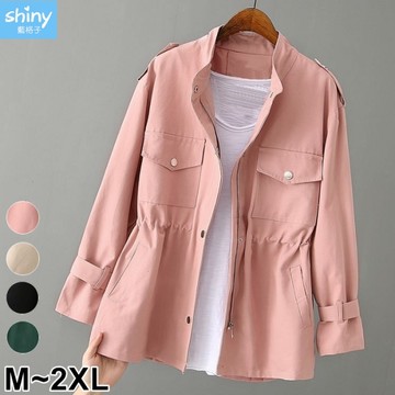 【V5166】shiny藍格子-蜜糖女孩．素色抽繩收腰長袖拉鍊風衣外套