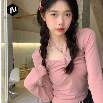 【Nico】早秋設計感小衆打底衫女內搭長袖t恤純欲風圓領抽繩短款別緻上衣