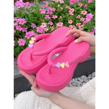 細細條 夏天仙女風彩色愛心人字拖女戶外踩屎感厚底夾腳沙灘鞋ins