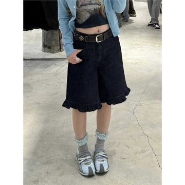 美式復古荷葉邊牛仔五分褲女夏季新款設計感花邊微喇中褲短褲褲子