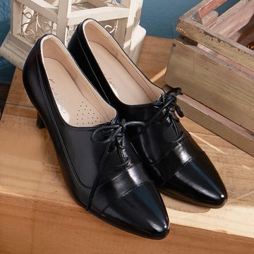 黑色 拼色綁帶尖頭真皮高跟踝靴