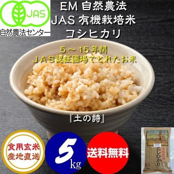 令和5年産 新米 無農薬 有機米コシヒカリ食用玄米 ５ｋｇ   JAS認定 土の詩  JAS認定 お米 自然農法