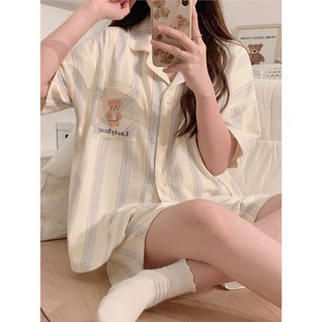 睡衣女夏季薄款條紋純棉寬松短袖可愛甜美風家居服套裝休閑可外穿