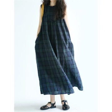 2025夏季新款棉麻大碼格子背心裙胸前拼接木耳邊無袖連衣裙長裙子