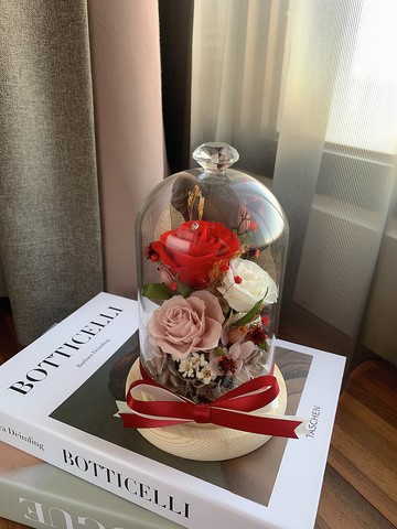 永生花-鮮紅 不凋花 玫瑰 夜燈 玻璃罩 生日送禮 情人節禮物