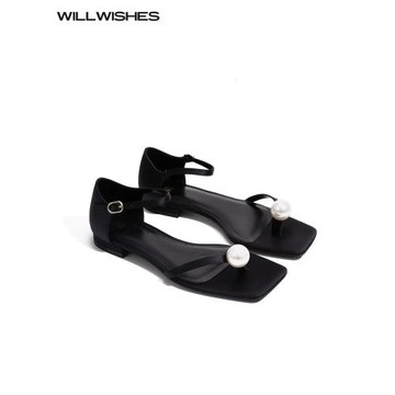 【折扣季,賣完不補】王玎設計涼鞋春夏網紅夾趾綢緞珍珠平底鞋女