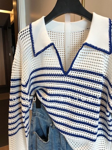 品牌折扣~外貿出口清倉尾單女裝反季清倉鏤空長袖條紋針織衫上衣