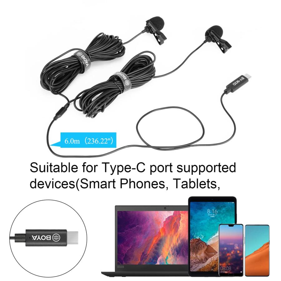 BOYA BY-M3D Digital Dual Lavalier Omnidirectional Clip-on Microphone with USB Type-C Connector Compatible with iPad Pro, Samsung Galaxy, Huawei, Other