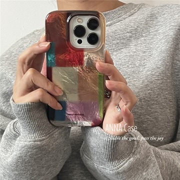 少女拼接色塊錫紙紋 適用iphone18 17 16 15 14 13 12 pro max手機殼 全包防摔保護套
