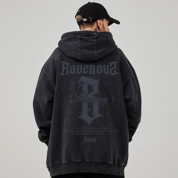 洗水做舊潮牌胖子男裝連帽寬松字母美式復古大碼加絨衛衣男生外套