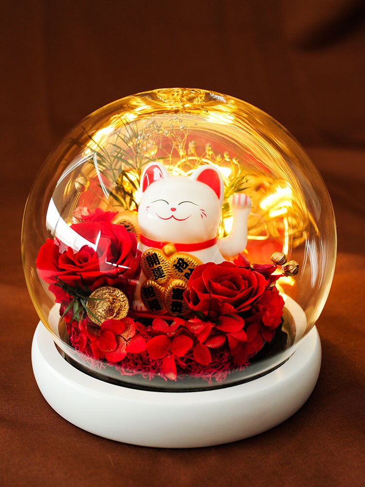 招財貓創意玩偶公仔玫瑰花永生花玻璃夜燈送女友生日禮物精美禮品JMT3 愛尚優品