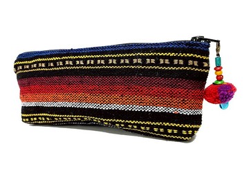 橙編織筆袋、筆袋帶絨球的棉質鉛筆袋