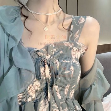 洋裝碎花套裝兩件套荷葉邊雪紡吊帶裙仙女裙法式復古女裙子夏裝新款【倪醬】