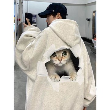 美式潮牌趣味貓咪印花連帽衛衣男女秋冬新款寬松百搭情侶加絨外套