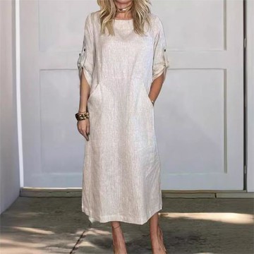 亞馬遜新款2024歐美跨境歐美夏季風寬松休閑純色短袖棉麻連衣裙