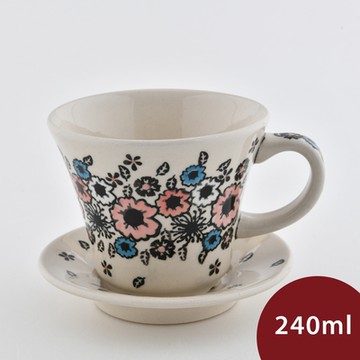 波蘭陶 繽紛花環系列 寬口茶杯杯盤組 240ml 波蘭手工製 馬克杯 咖啡杯 水杯