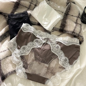 法式蕾絲內褲女緞面蝴蝶結中腰無痕透氣女士三角短褲無痕內褲女