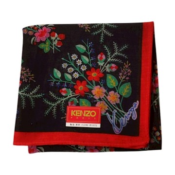 KENZO 經典品牌繽紛花束圖騰字母LOGO荷葉邊帕巾(黑底/45CM)