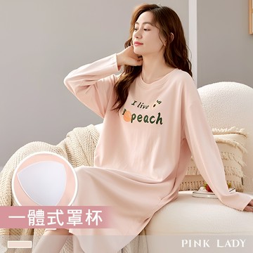 Pink Lady 粉調蜜桃 內附罩杯 長袖睡裙 棉質 秋冬 圓領 印花 保暖 柔感 女睡衣 居家服 7006