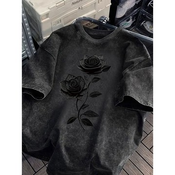 【男裝】臺灣出貨230g重磅100%純棉女短袖黑玫瑰印花常規寬鬆t恤時尚洗水做舊跨境