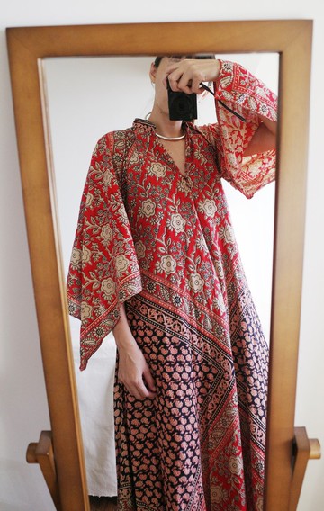 嬉皮逸品 vintage 70s 經典立領款 天使袖手工蓋印花朵長袍