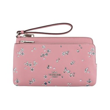 COACH銀色亮片亮粉星星燙印煙粉紅素面皮革子母雙層大款手拿包