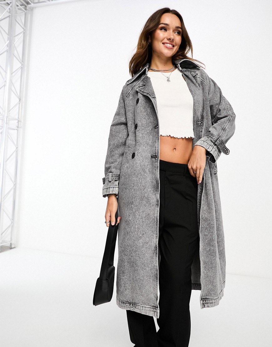 Stradivarius denim trench coat in washed black推薦| ASOS LINE購物