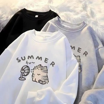 【台灣现貨】青少年休閒衛衣 寬鬆百搭長袖衣服 男女可愛印花上衣 ins 女生上衣 秋天長袖上衣 秋冬季上衣 圓領加絨衛衣