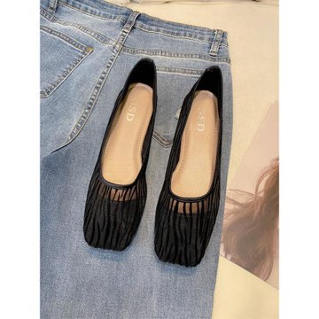 2025年夏季新款透氣網紗方頭單鞋女淺口百搭黑色職業鏤空平底鞋子