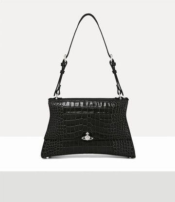 Vivienne Westwood Bianca Medium Shoulder Bag Emboss Croc Leather Black