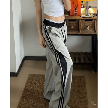 【限時特賣】長褲女 女生褲子 寬褲 運動褲 冰絲長褲 高腰褲 顯瘦長褲條紋拚接褲子女2024新款爆款速乾薄款夏季休閒褲寬
