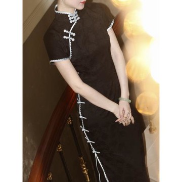 素書晚丨旗袍年輕款高端氣質復古女民國風日常可穿黑色長款短袖