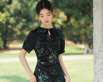 【烏羽色】新中式復古中國風 高雅印花/100醋酸連衣裙