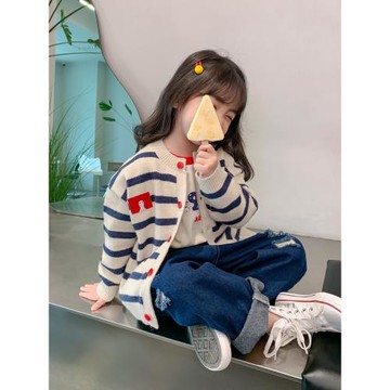 女童裝針織開衫2024秋季裝新款中小兒童寶寶洋氣條紋毛衣上衣外套